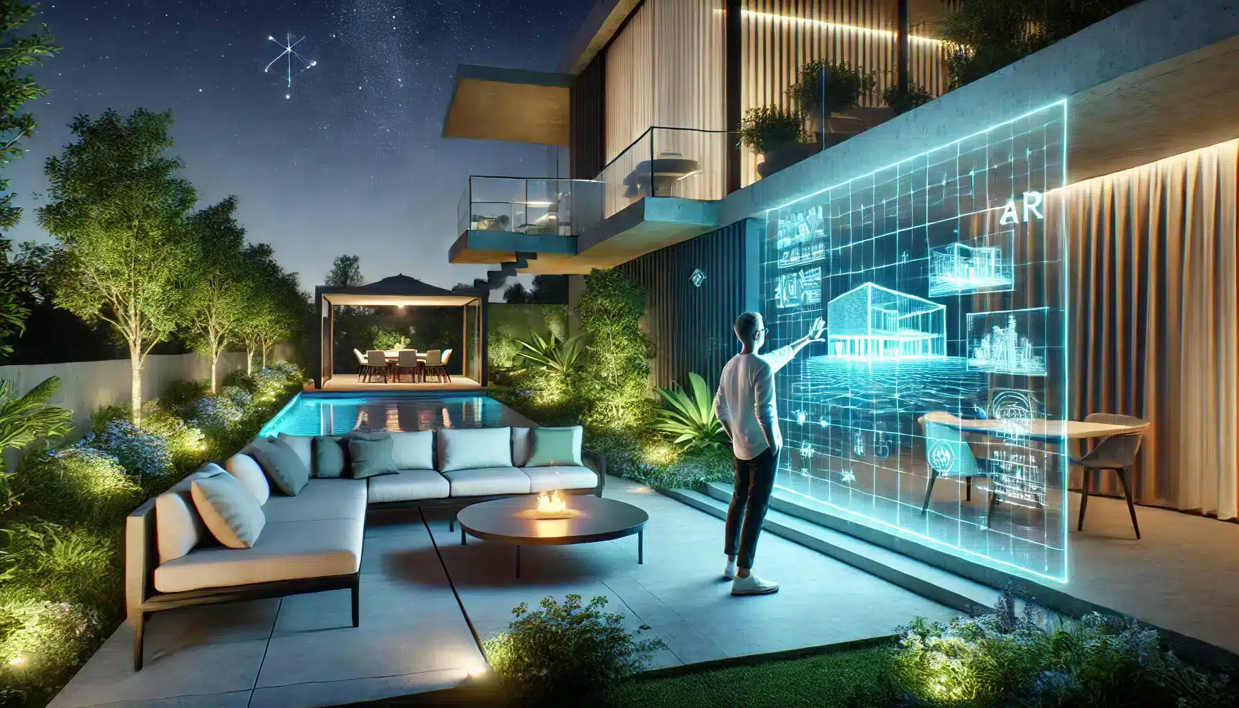L'immagine rappresenta l'integrazione tra intelligenza artificiale e interior design, mostrando un ambiente moderno in cui un professionista interagisce con una proiezione digitale avanzata per progettare spazi esterni. La scena illustra come l'AI possa ottimizzare la progettazione, combinando estetica, funzionalità e tecnologia per creare ambienti innovativi e personalizzati.
