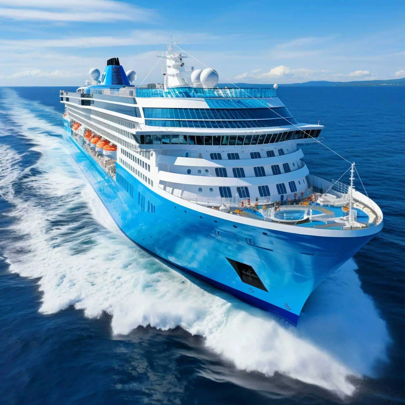 Una moderna nave da crociera naviga in mare aperto al tramonto, mostrando l’eleganza e l’innovazione della progettazione navale tra lusso e tecnologia.