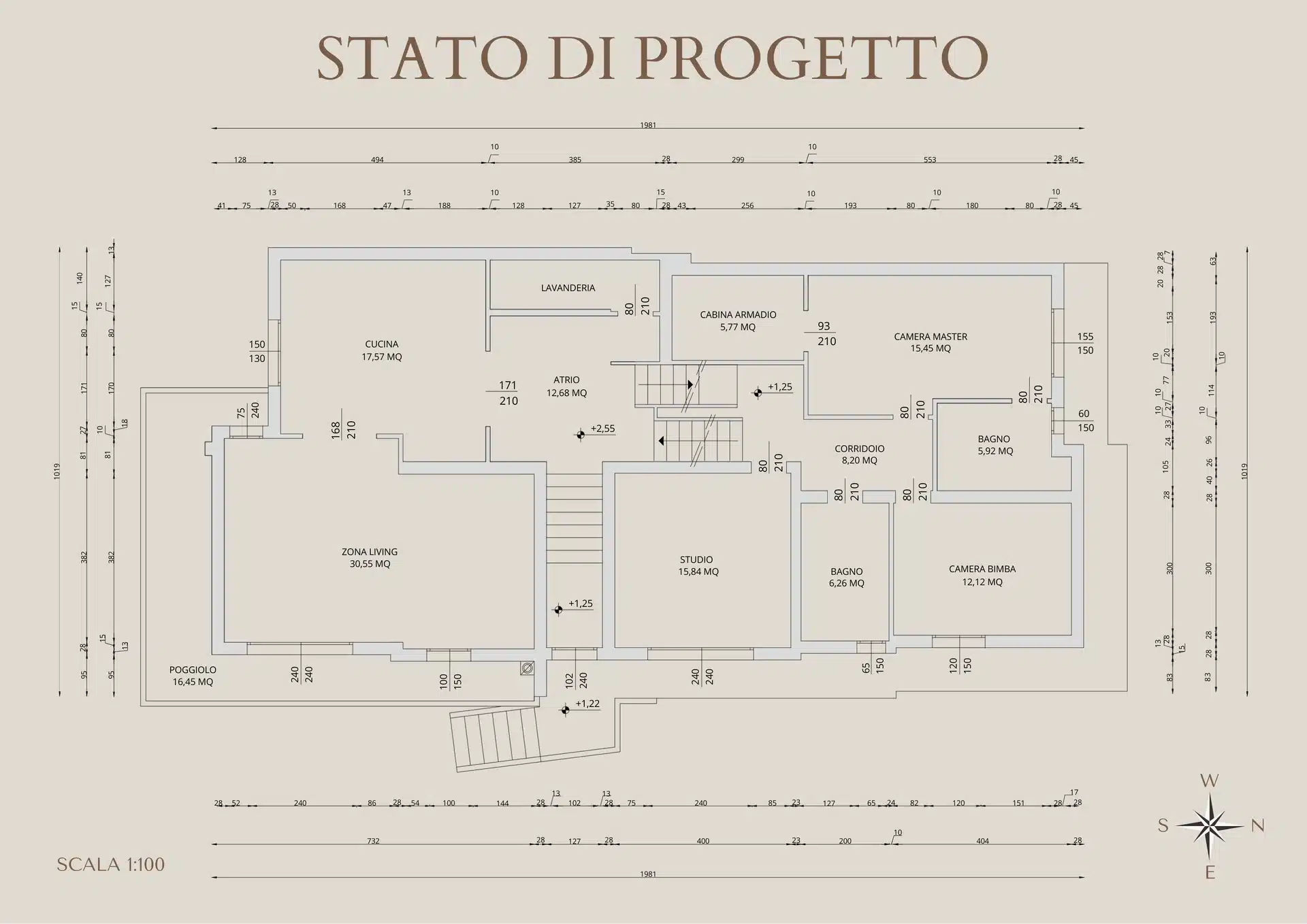 Planimetria dello stato di progetto in scala 1:100 con quote e distribuzione degli ambienti: zona living, cucina, lavanderia, atrio, studio, cabina armadio, camera master, camera bambina, corridoio, due bagni e poggiolo esterno.